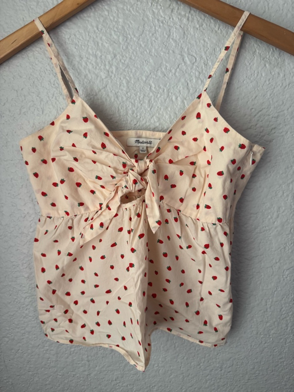 Madewell Cream Cami with Red Strawberry Print and Front Tie Size 2